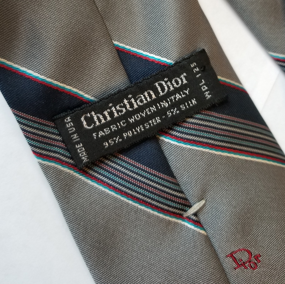 ❗1960s Christian Dior Gray Navy Striped Dress Tie❗ - Picture 4 of 5